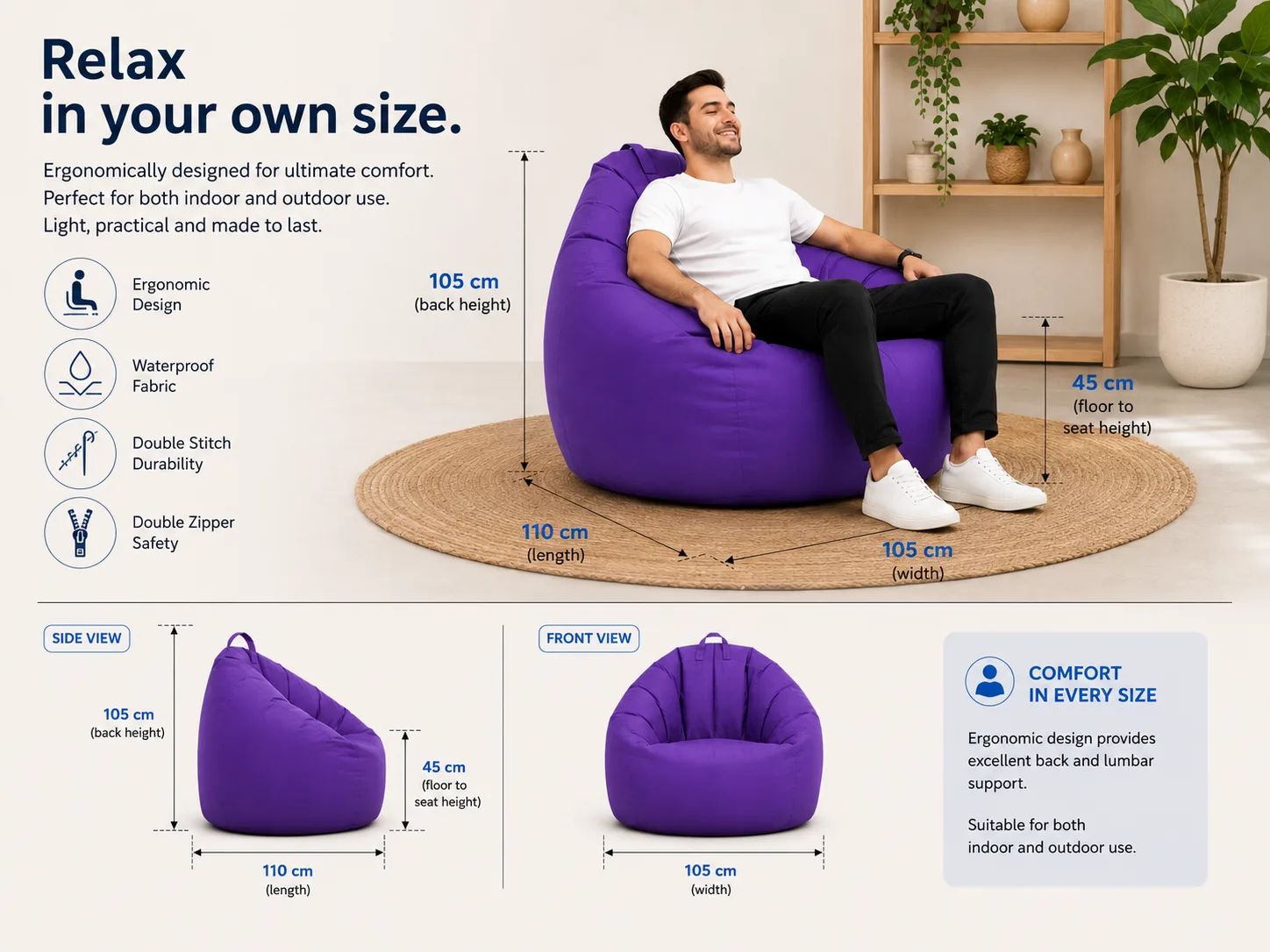 XXL Teardrop Bean Bag dimensions